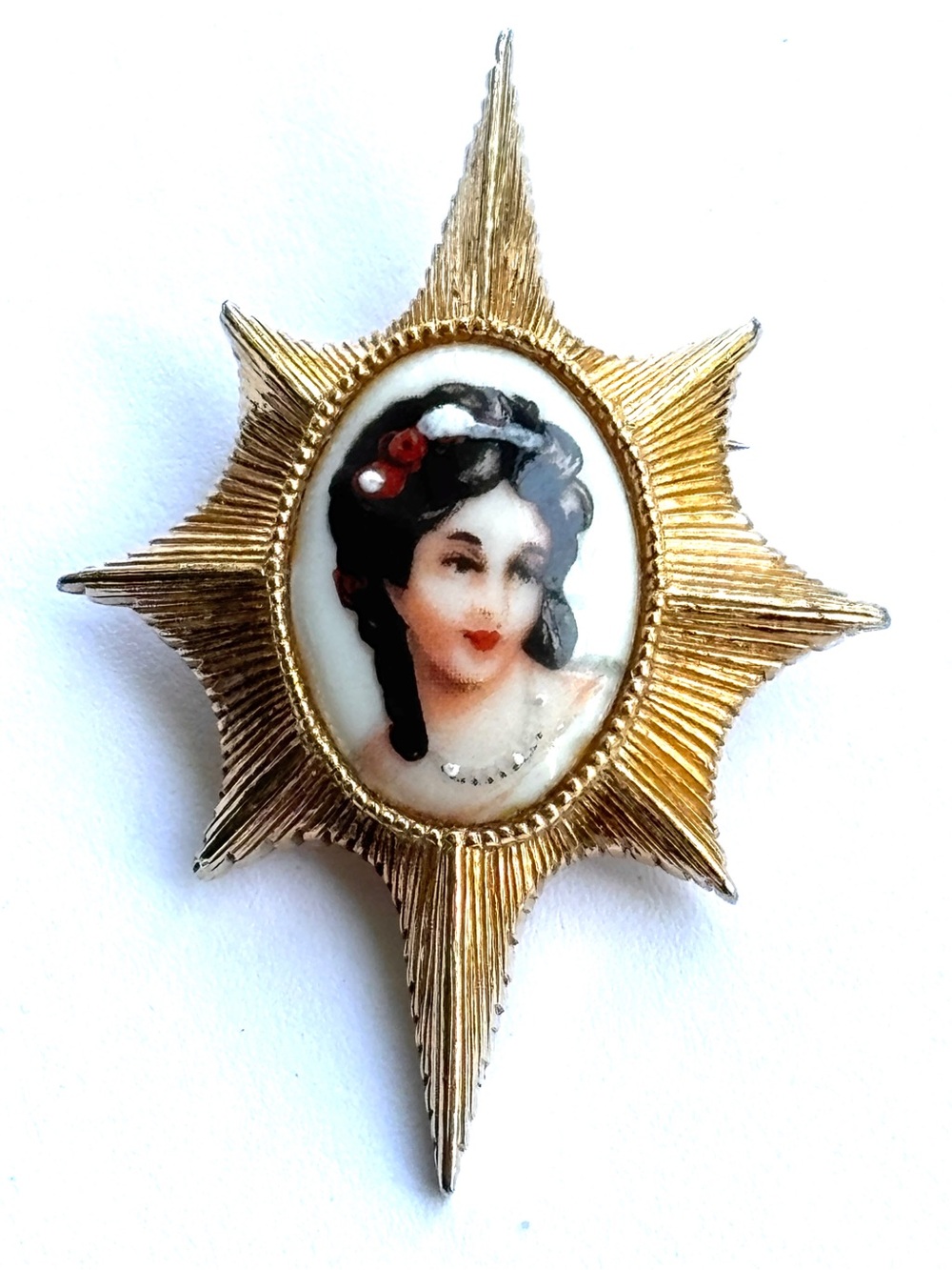 Vintage Limoges France Victorian Revival Portrait Starburst Gold Tone Brooch MCM